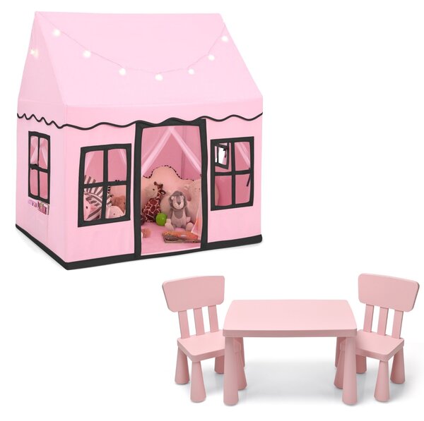 Costway Tenda da gioco per bambini e set con tavolo e 2 sedie per bambini, Casetta per interni ed esterni e set con tavolo e 2 sedie Rosa