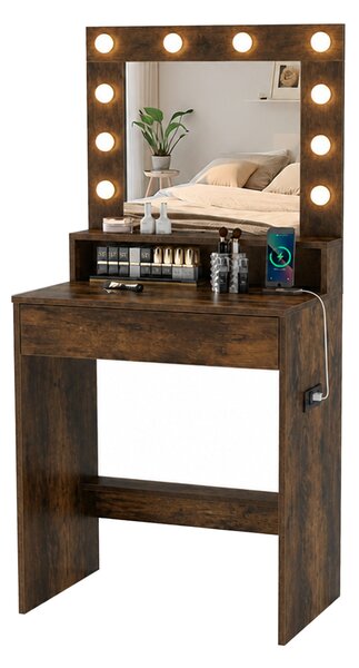 Costway Scrivania vanity con specchio e luci, Tavolo da trucco con 3 modalità di illuminazione e luminosità regolabile Marrone
