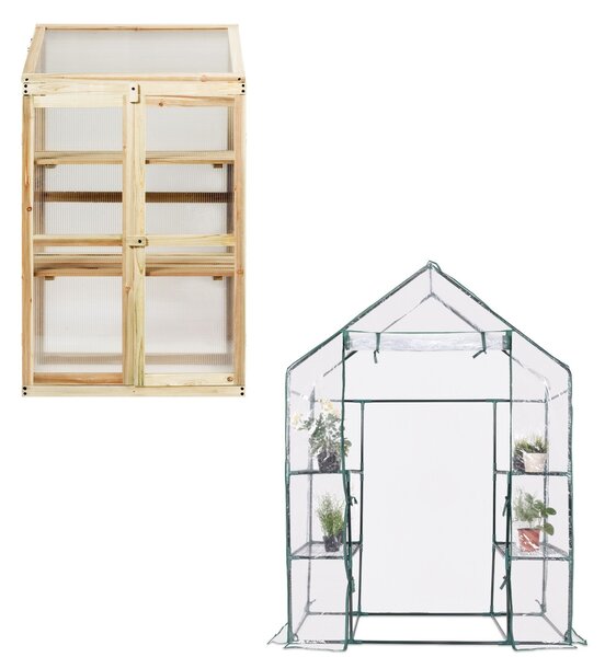 Costway Mini serra di legno con 3 livelli e serra da giardino a 3 livelli in PVC, Mensole a stecche 60x45x100cm e serra con scaffali 143x73x195cm
