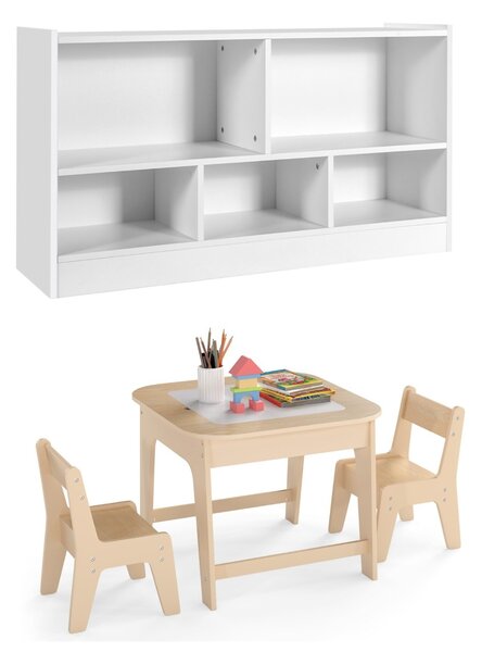Costway Set tavolo e sedie per bambini e libreria a 5 cubi per bambini, Tavolo e 2 sedie ergonomiche e scaffale legno con 5 scompartimenti