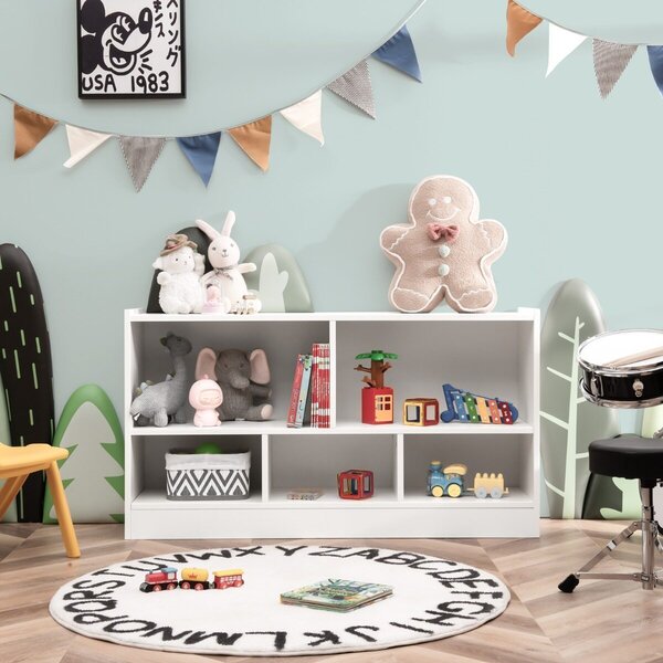 Costway Set tavolo e sedie per bambini e libreria a 5 cubi per bambini, Tavolo e 2 sedie ergonomiche e scaffale legno con 5 scompartimenti