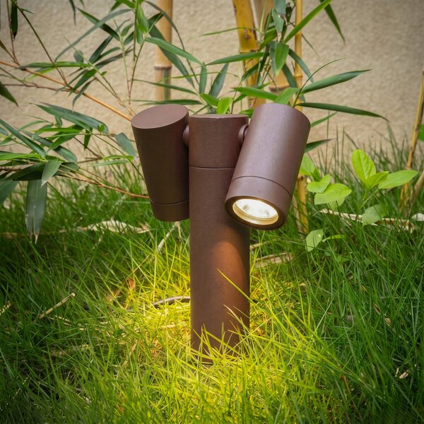 Faretto con picchetto PRIOS Tulimar, a 2 luci, color ruggine, IP65 Tulimar PRIOS, dimmerabile, Marrone / Ruggine, Alluminio, Moderno