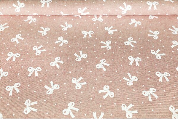 Tessuto decorativo al metro - fiocchi su sfondo rosa, al. 140 cm