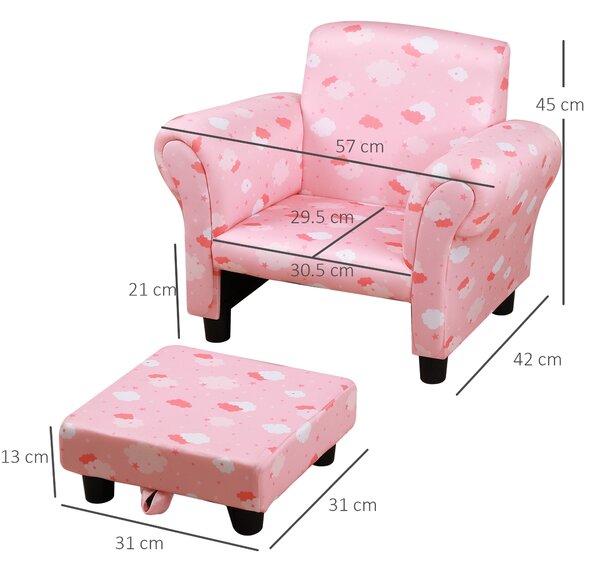 HOMCOM Poltroncina per Bambini con Poggiapiedi Estraibile, Struttura in Legno con Imbottitura, 57x42x45cm, Rosa e Bianco|Aosom