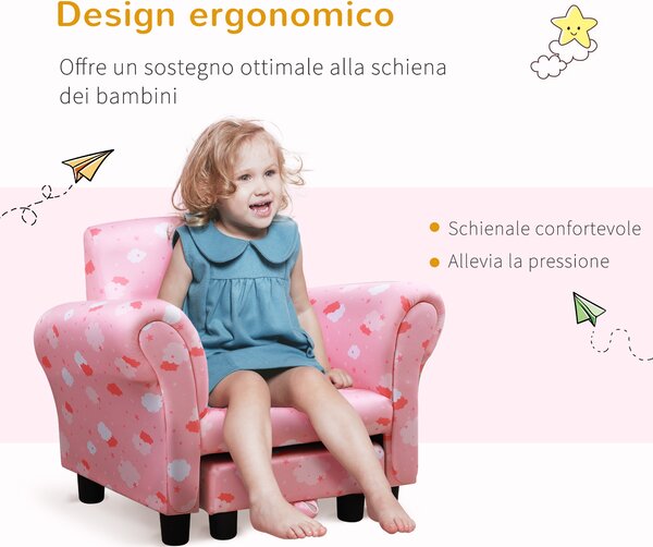 HOMCOM Poltroncina per Bambini con Poggiapiedi Estraibile, Struttura in Legno con Imbottitura, 57x42x45cm, Rosa e Bianco|Aosom