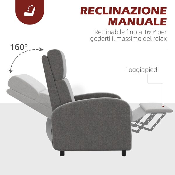 HOMCOM Poltrona Relax Reclinabile Manualmente con Braccioli Quadrati e Poggiapiedi, Imbottita e in Tessuto Lino, 64x86x102 cm, Grigio | Aosom Italy