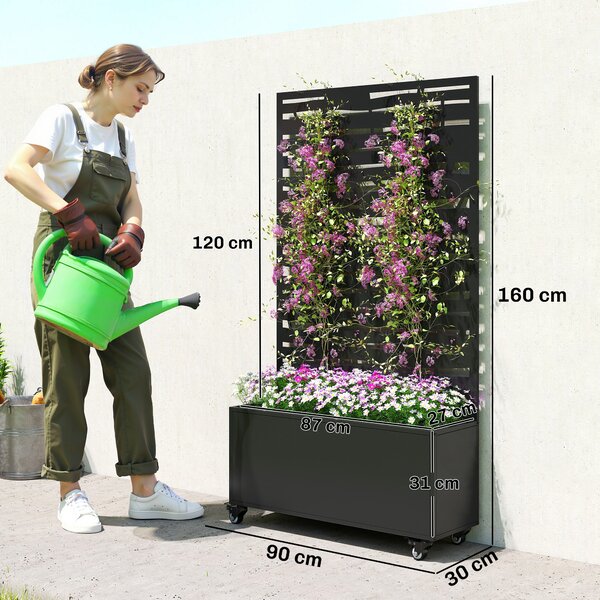 Outsunny Fioriera con traliccio, pannello privacy e ruote, 90x30x160 cm, nera | Aosom Italy
