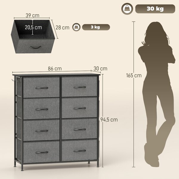 HOMCOM Cassettiera in tessuto con 8 cassetti, 4 tasche e 2 ganci, 86x30x94,5 cm, grigia | Aosom Italy