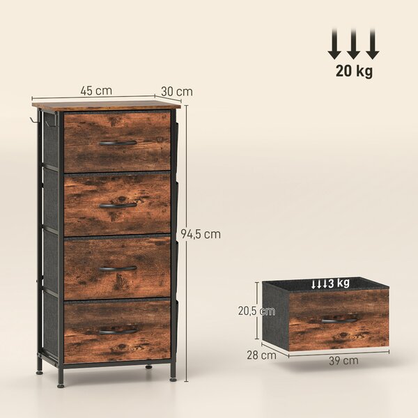 HOMCOM Cassettiera in tessuto con 4 cassetti, 4 tasche e 2 ganci, 45x30x94,5 cm, marrone | Aosom Italy