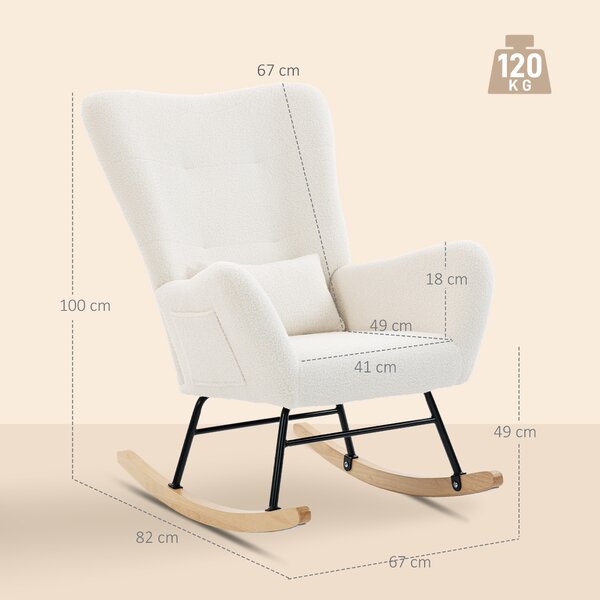 HOMCOM Poltrona a dondolo in teddy con schienale alto, cuscino e gambe in legno, crema | Aosom Italy