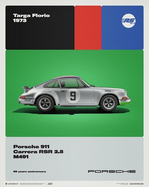 Stampa d'arte Porsche 911 Carrera Rs 2 8 - 50th Anniversary - Targa Florio - 1973, (40 x 50 cm)