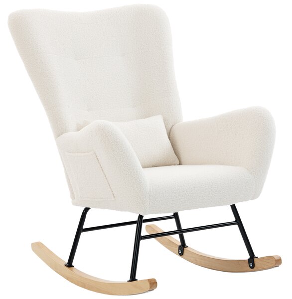 HOMCOM Poltrona a dondolo in teddy con schienale alto, cuscino e gambe in legno, crema | Aosom Italy