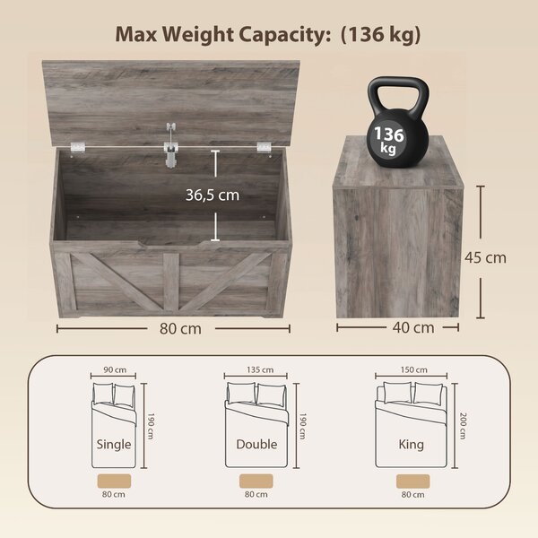 HOMCOM Panca contenitore con coperchio ribaltabile e cerniere di sicurezza, 80x40x45 cm, grigio | Aosom Italy