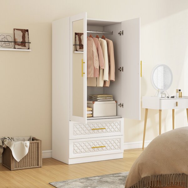 HOMCOM Armadio guardaroba con specchio, 2 ante, 2 cassetti e barra appendiabiti, 80x50x180 cm, bianco | Aosom Italy