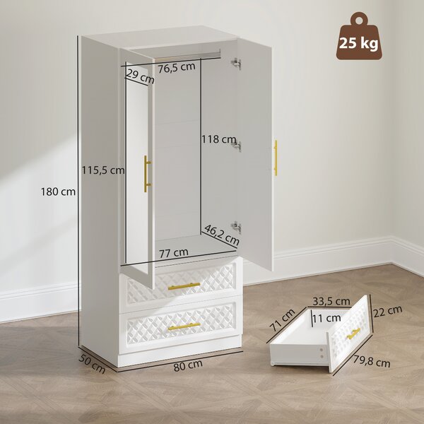HOMCOM Armadio guardaroba con specchio, 2 ante, 2 cassetti e barra appendiabiti, 80x50x180 cm, bianco | Aosom Italy