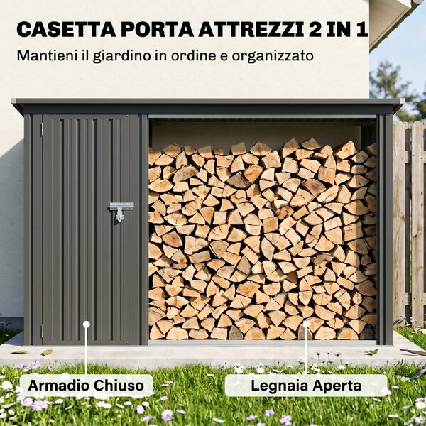 Outsunny Portalegna da esterno 2 in 1 con armadietto porta attrezzi, 235x67x149 cm, grigio scuro | Aosom Italy
