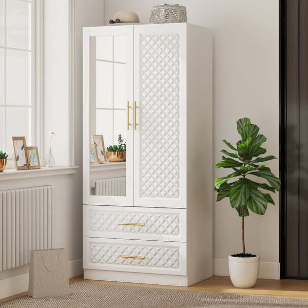 HOMCOM Armadio guardaroba con specchio, 2 ante, 2 cassetti e barra appendiabiti, 80x50x180 cm, bianco | Aosom Italy