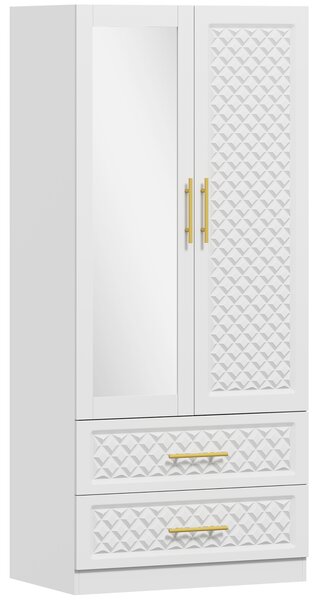 HOMCOM Armadio guardaroba con specchio, 2 ante, 2 cassetti e barra appendiabiti, 80x50x180 cm, bianco | Aosom Italy