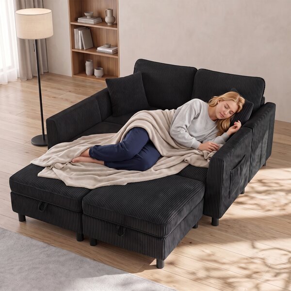 HOMCOM Divano angolare 4 posti a U da 306 cm con pouf contenitore e 4 cuscini | Aosom Italy