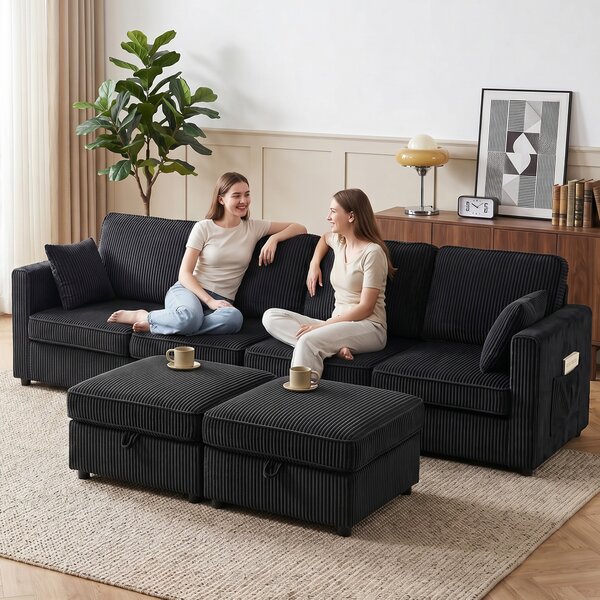 HOMCOM Divano angolare 4 posti a U da 306 cm con pouf contenitore e 4 cuscini | Aosom Italy