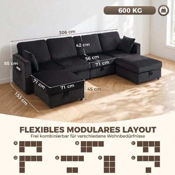 HOMCOM Divano angolare 4 posti a U da 306 cm con pouf contenitore e 4 cuscini | Aosom Italy