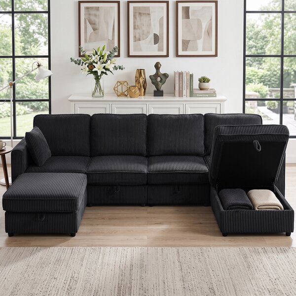 HOMCOM Divano angolare 4 posti a U da 306 cm con pouf contenitore e 4 cuscini | Aosom Italy