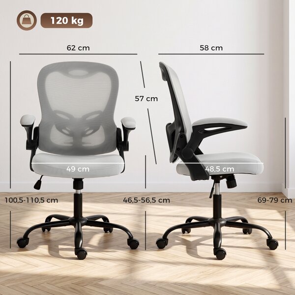 HOMCOM Sedia da ufficio ergonomica in rete con braccioli ribaltabili e altezza regolabile, grigia | Aosom Italy