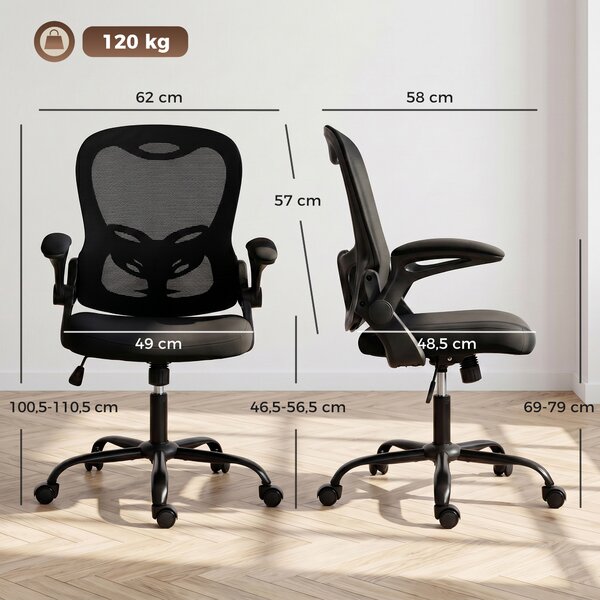 HOMCOM Sedia da ufficio ergonomica in rete con braccioli ribaltabili e altezza regolabile, nera | Aosom Italy