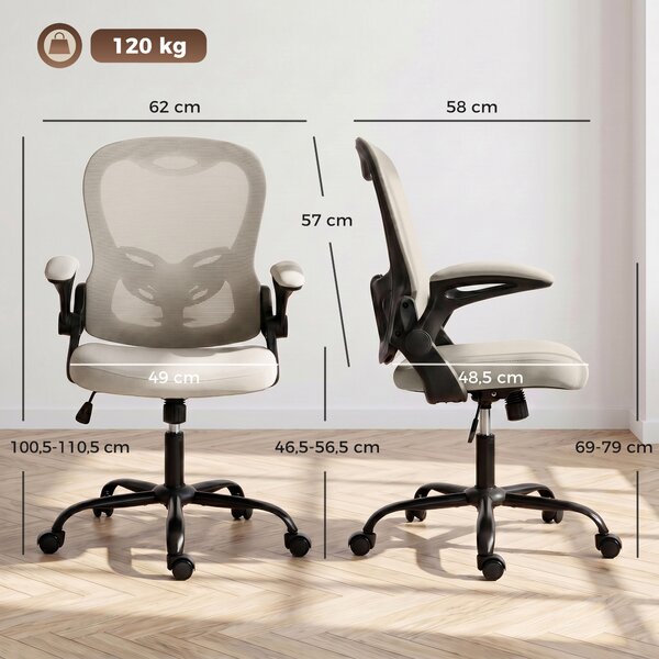 HOMCOM Sedia da ufficio ergonomica in rete con braccioli ribaltabili e altezza regolabile, beige | Aosom Italy