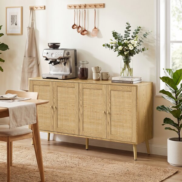 HOMCOM Credenza in rattan con 4 ante e 2 ripiani regolabili, effetto legno naturale | Aosom Italy