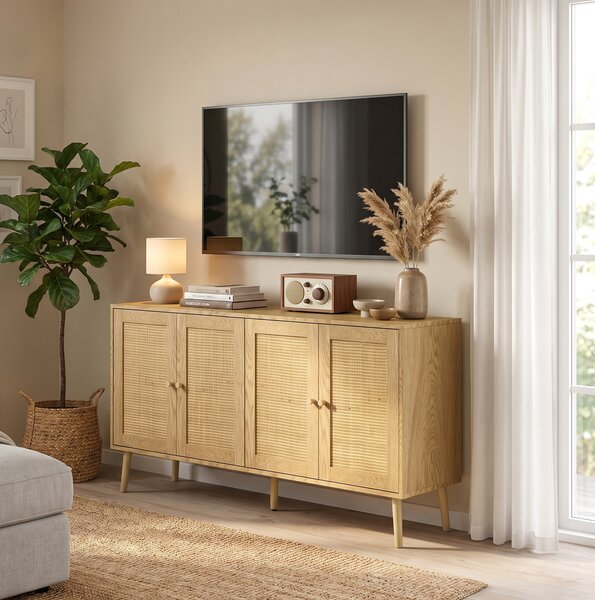HOMCOM Credenza in rattan con 4 ante e 2 ripiani regolabili, effetto legno naturale | Aosom Italy