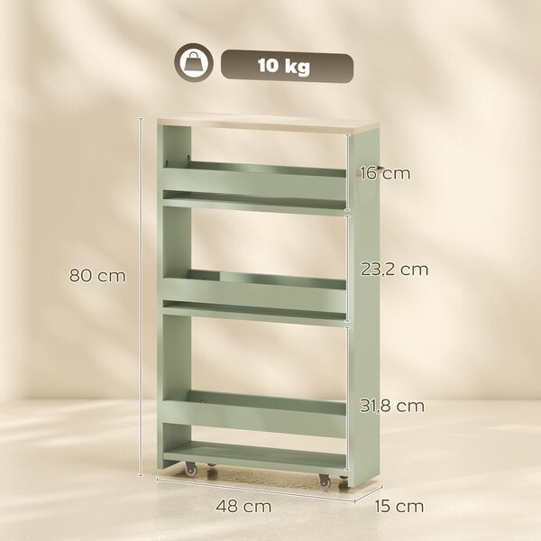 Kleankin Carrello contenitore a 3 livelli su ruote con maniglia, 48x15x80 cm, verde | Aosom Italy