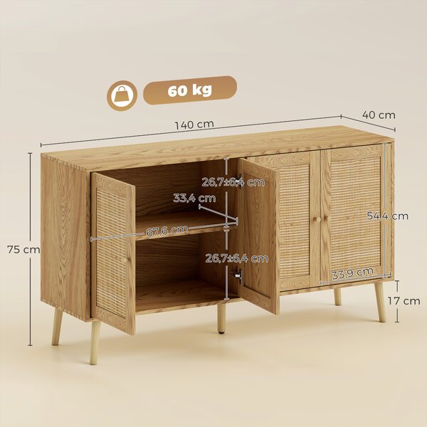 HOMCOM Credenza in rattan con 4 ante e 2 ripiani regolabili, effetto legno naturale | Aosom Italy