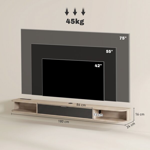 HOMCOM Mobile TV sospeso fino a 190,5 cm con cassetto e 2 ripiani, 180x24x16 cm, legno | Aosom Italy