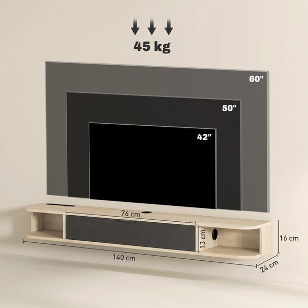 HOMCOM Mobile TV sospeso fino a 60 pollici con cassetto e 2 ripiani, 140x24x16 cm, legno | Aosom Italy
