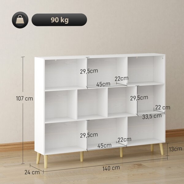 HOMCOM Libreria a 10 cubi con 3 ripiani e gambe in legno massello, bianco effetto legno | Aosom Italy