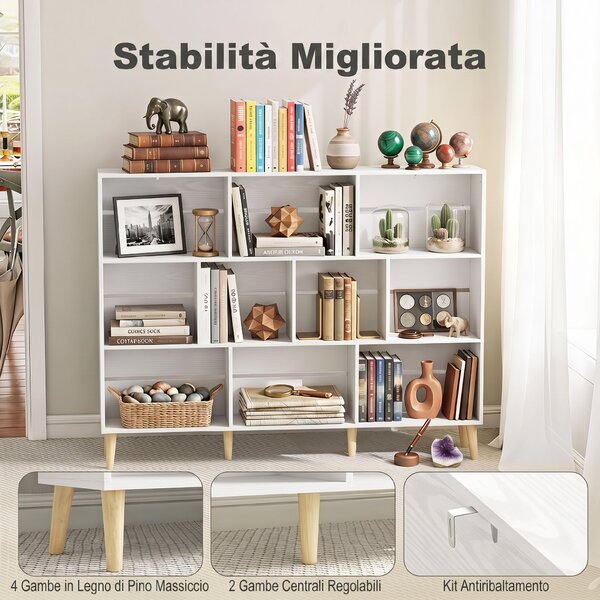 HOMCOM Libreria a 10 cubi con 3 ripiani e gambe in legno massello, bianco effetto legno | Aosom Italy
