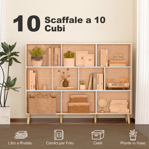 HOMCOM Libreria a 10 cubi con 3 ripiani e gambe in legno massello, bianco effetto legno | Aosom Italy