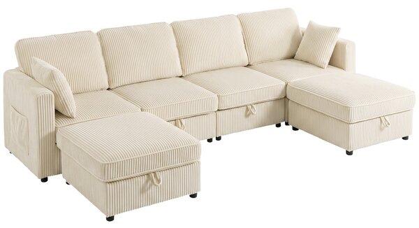 HOMCOM Divano Modulare a U 4 Posti con 2 Pouf Contenitori in Velluto a Coste, 4 Cuscini, Bianco Crema | Aosom Italy