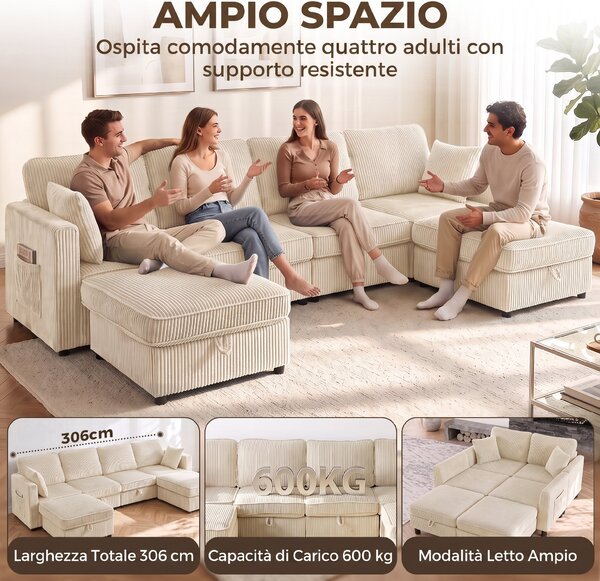 HOMCOM Divano Modulare a U 4 Posti con 2 Pouf Contenitori in Velluto a Coste, 4 Cuscini, Bianco Crema | Aosom Italy