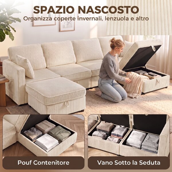 HOMCOM Divano Modulare a U 4 Posti con 2 Pouf Contenitori in Velluto a Coste, 4 Cuscini, Bianco Crema | Aosom Italy