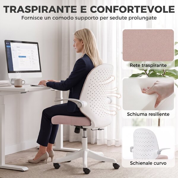 HOMCOM Sedia da Ufficio in Rete con Braccioli Ribaltabili, Altezza Regolabile e Ruote, Rosa e Bianco | Aosom Italy