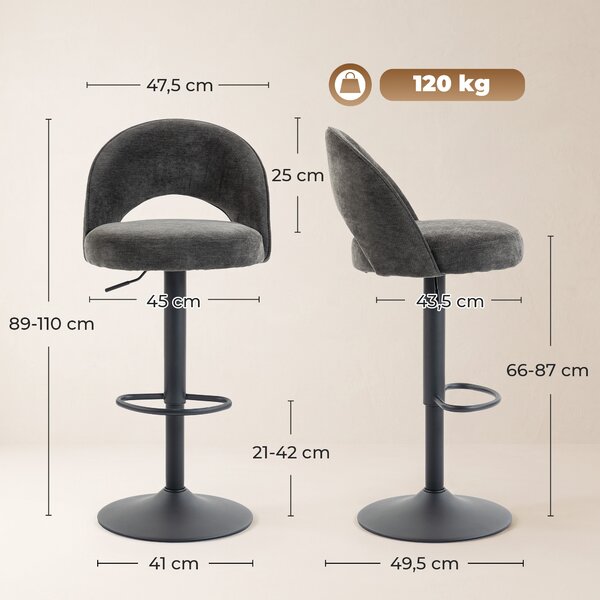 HOMCOM Set 2 sgabelli da bar girevoli 360° e regolabili, seduta in ciniglia, grigio | Aosom Italy