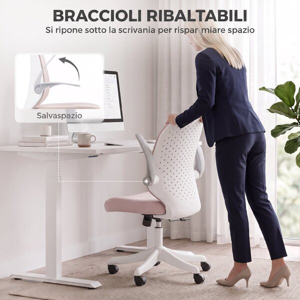 HOMCOM Sedia da Ufficio in Rete con Braccioli Ribaltabili, Altezza Regolabile e Ruote, Rosa e Bianco | Aosom Italy