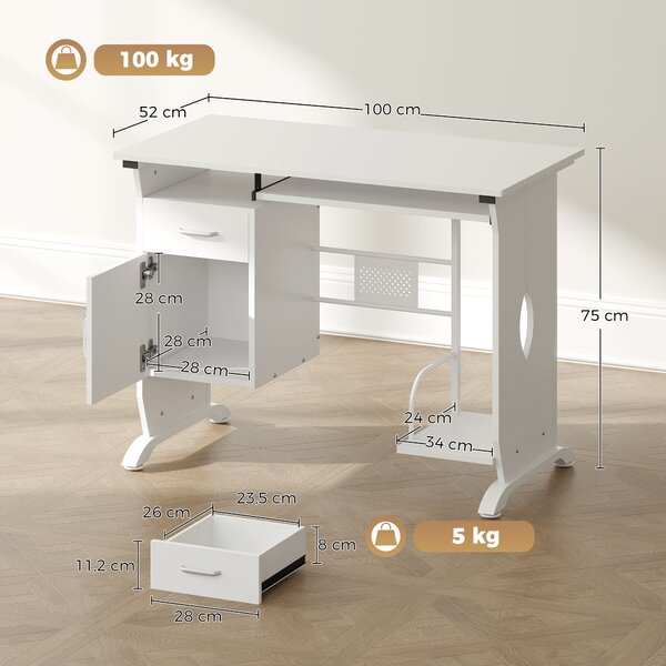 HOMCOM Scrivania PC con ripiano tastiera, cassetti e vano per CPU, 100x52x75 cm, bianco | Aosom Italy