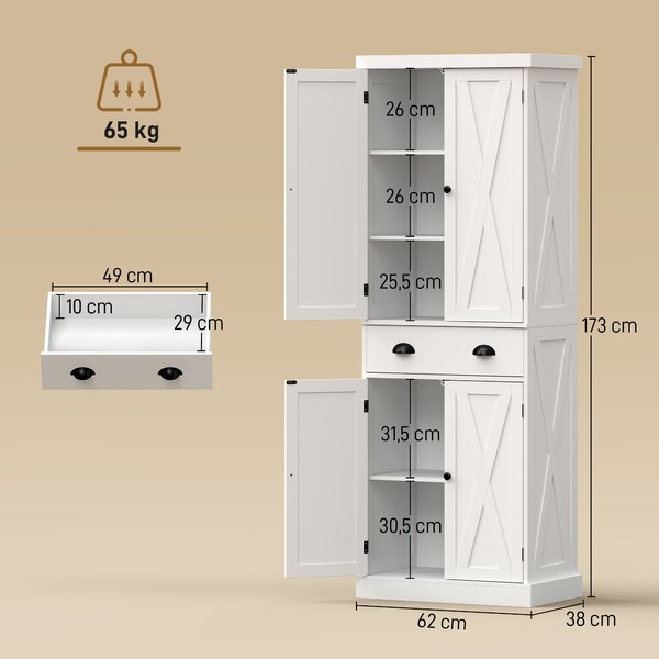 HOMCOM Credenza alta da cucina con 4 ante, cassetto e ripiani, 62x38x173 cm, bianco | Aosom Italy