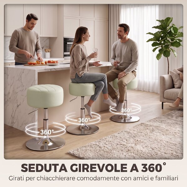 HOMCOM Sgabello Bar in Pelle PU con Altezza Regolabile, Seduta Morbida Spessa, Girevole a 360°, per Penisola, Bianco | Aosom Italy
