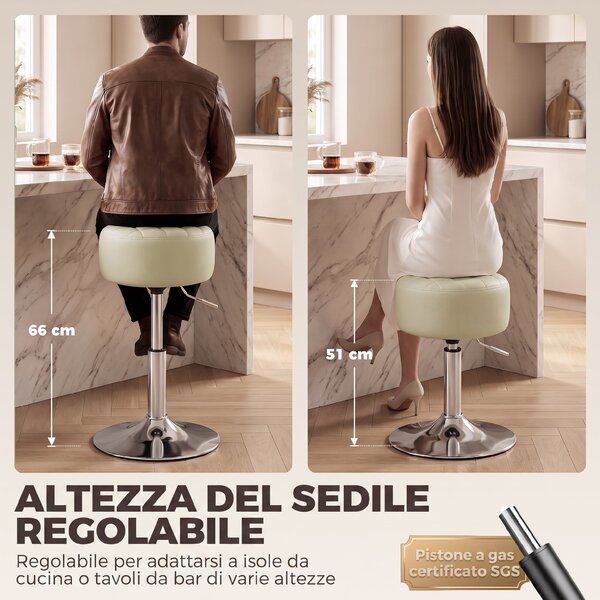 HOMCOM Sgabello Bar in Pelle PU con Altezza Regolabile, Seduta Morbida Spessa, Girevole a 360°, per Penisola, Bianco | Aosom Italy