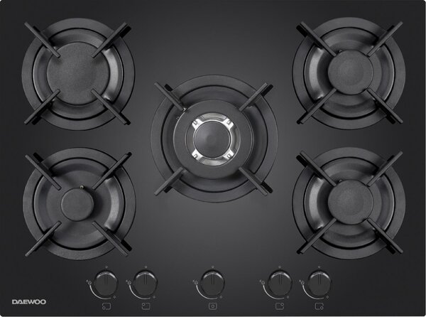 Daewoo Piano Cottura 5 Fuochi a Gas Larghezza 70 cm (1 Bruciatore Wok) in Vetro colore Nero - H7G51H3IT