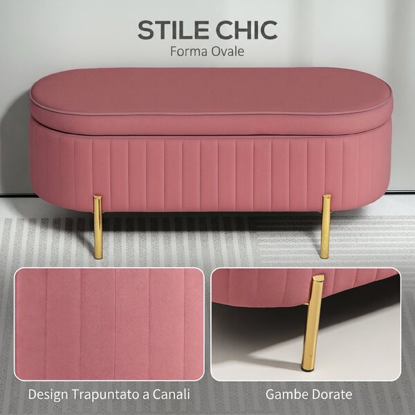 HOMCOM Panca contenitore ovale in velluto con coperchio, 72 L, 108x44x43,5 cm, rosa | Aosom Italy